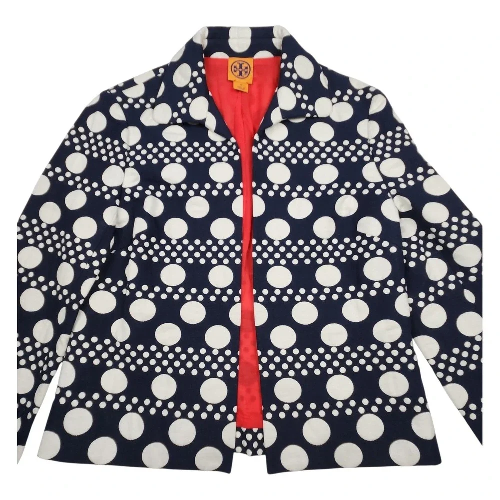 Tory Burch Structured Knit Blazer Jacket Elijah‎ Polka Dot 6 Navy White Cotton